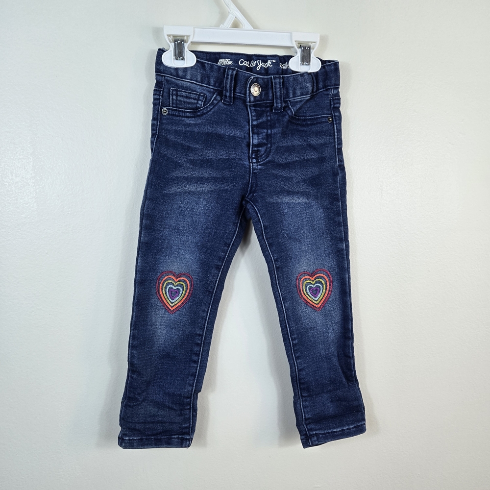 Cat & Jack Girls Blue Rainbow Heart Embroidery Skinny Super Stretch Jeans‎ 3T